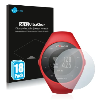 Face avant d’un emballage produit avec le logo de la marque Savvies. À côté, l’appareil Polar M200 est représenté avec la prot