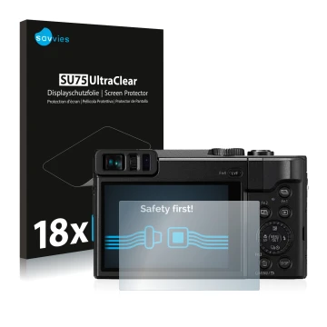 Face avant d’un emballage produit avec le logo de la marque Savvies. À côté, l’appareil Panasonic Lumix DC-TZ91 est représenté