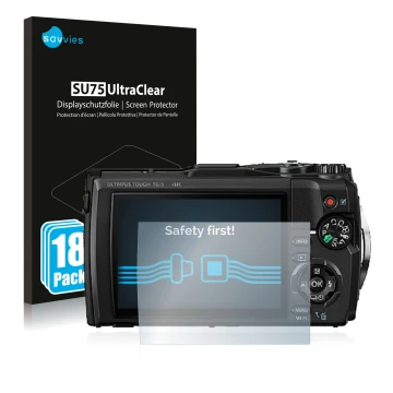 Face avant d’un emballage produit avec le logo de la marque Savvies. À côté, l’appareil Olympus Tough TG-5 est représenté avec