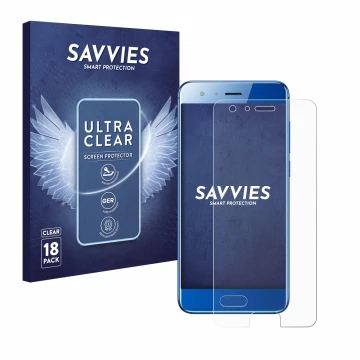 Face avant d’un emballage produit avec le logo de la marque Savvies. À côté, l’appareil Honor 9 est représenté avec la protect
