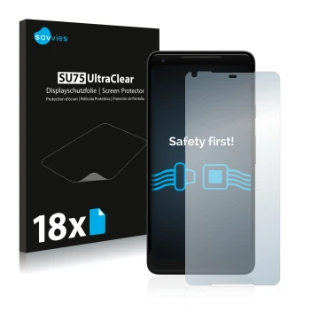 Face avant d’un emballage produit avec le logo de la marque Savvies. À côté, l’appareil Google Pixel 2 XL est représenté avec 