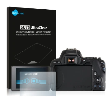Face avant d’un emballage produit avec le logo de la marque Savvies. À côté, l’appareil Canon EOS 200D est représenté avec la 