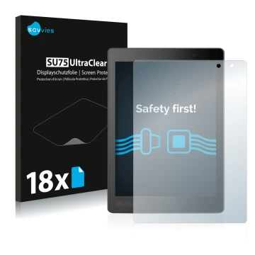 Face avant d’un emballage produit avec le logo de la marque Savvies. À côté, l’appareil Kobo Aura One est représenté avec la p