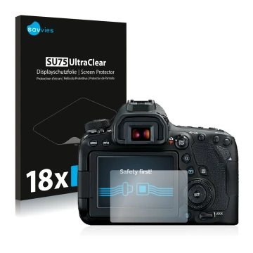 Face avant d’un emballage produit avec le logo de la marque Savvies. À côté, l’appareil Canon EOS 6D Mark II est représenté av