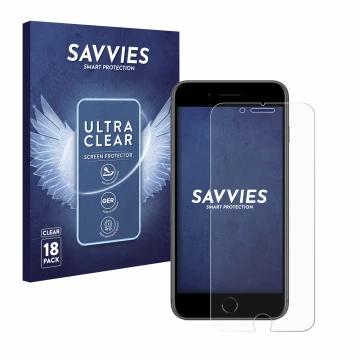 Face avant d’un emballage produit avec le logo de la marque Savvies. À côté, l’appareil Apple iPhone 8 Plus est représenté ave