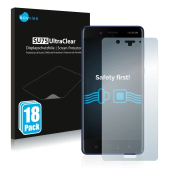 Face avant d’un emballage produit avec le logo de la marque Savvies. À côté, l’appareil Nokia 8 est représenté avec la protect