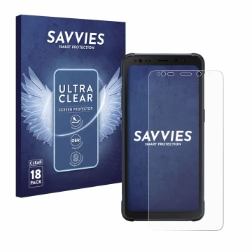 Face avant d’un emballage produit avec le logo de la marque Savvies. À côté, l’appareil Samsung Galaxy S8 Active est représent