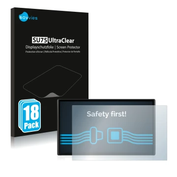 Face avant d’un emballage produit avec le logo de la marque Savvies. À côté, l’appareil Garmin DriveSmart 61 LMT-S est représe
