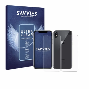 Face avant d’un emballage produit avec le logo de la marque Savvies. À côté, l’appareil Apple iPhone X (Avant+Arrière) est rep