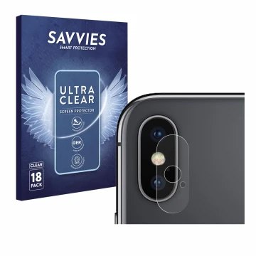 Face avant d’un emballage produit avec le logo de la marque Savvies. À côté, l’appareil Apple iPhone X (Caméra UNIQUEMENT) est