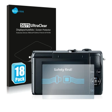 Face avant d’un emballage produit avec le logo de la marque Savvies. À côté, l’appareil Canon EOS M100 est représenté avec la 