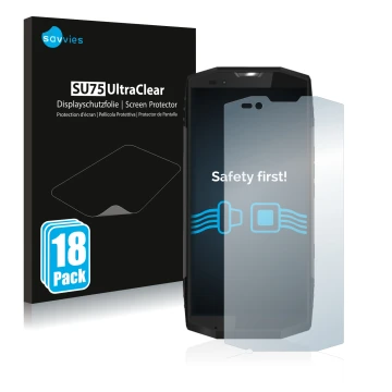 Face avant d’un emballage produit avec le logo de la marque Savvies. À côté, l’appareil Blackview BV9000 Pro est représenté av