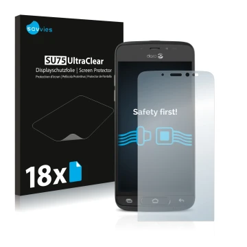 Face avant d’un emballage produit avec le logo de la marque Savvies. À côté, l’appareil Doro 8040 est représenté avec la prote