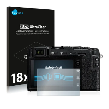 Face avant d’un emballage produit avec le logo de la marque Savvies. À côté, l’appareil Fujifilm X-E3 est représenté avec la p