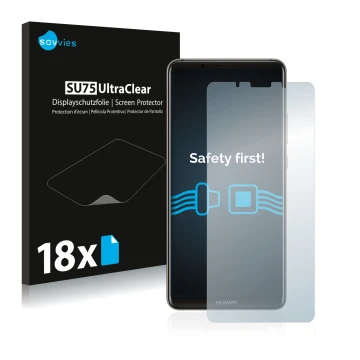 Face avant d’un emballage produit avec le logo de la marque Savvies. À côté, l’appareil Huawei Mate 10 Pro est représenté avec