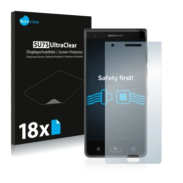 Face avant d’un emballage produit avec le logo de la marque Savvies. À côté, l’appareil BlackBerry Motion 2017 est représenté 