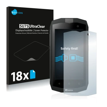 Face avant d’un emballage produit avec le logo de la marque Savvies. À côté, l’appareil Crosscall Trekker M1 est représenté av