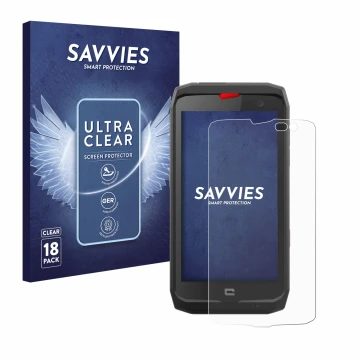 Face avant d’un emballage produit avec le logo de la marque Savvies. À côté, l’appareil Crosscall Action X3 est représenté ave