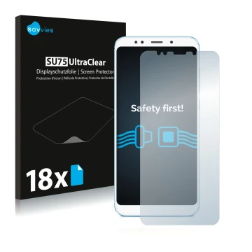 Face avant d’un emballage produit avec le logo de la marque Savvies. À côté, l’appareil Xiaomi Redmi 5 Plus est représenté ave