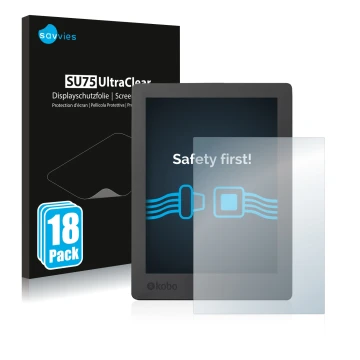 Face avant d’un emballage produit avec le logo de la marque Savvies. À côté, l’appareil Kobo Aura H2O Edition 2 est représenté