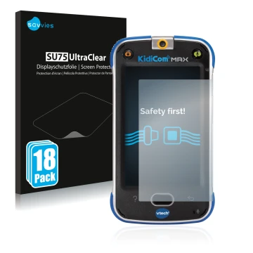 Face avant d’un emballage produit avec le logo de la marque Savvies. À côté, l’appareil Vtech Kidicom Max est représenté avec 