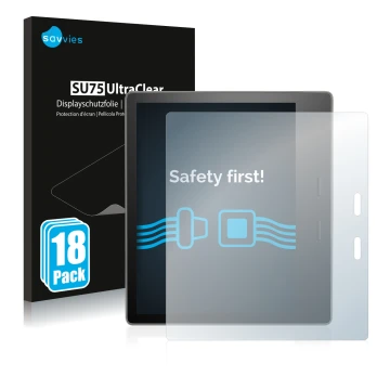 Face avant d’un emballage produit avec le logo de la marque Savvies. À côté, l’appareil Amazon Kindle Oasis 2017 (9ème Gen.) e