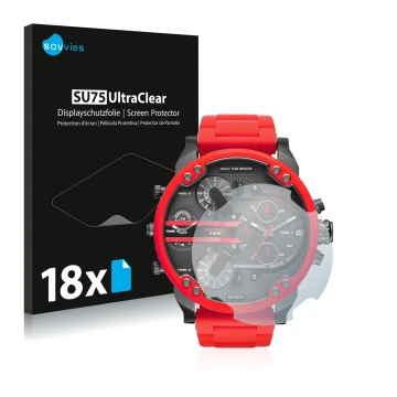 Face avant d’un emballage produit avec le logo de la marque Savvies. À côté, l’appareil Diesel DZ7370 est représenté avec la p