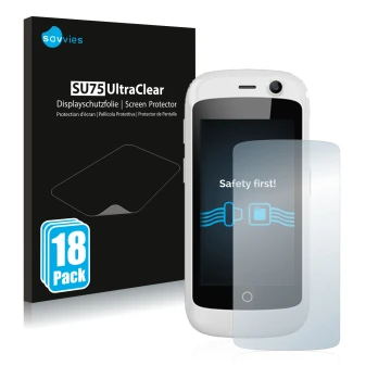 Face avant d’un emballage produit avec le logo de la marque Savvies. À côté, l’appareil Unihertz Jelly Pro est représenté avec