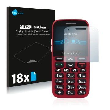 Face avant d’un emballage produit avec le logo de la marque Savvies. À côté, l’appareil Doro Primo 366 est représenté avec la 