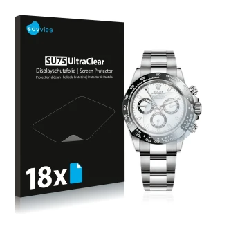 Face avant d’un emballage produit avec le logo de la marque Savvies. À côté, l’appareil Rolex Cosmograph Daytona (40 mm) est r