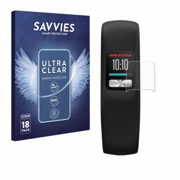 Face avant d’un emballage produit avec le logo de la marque Savvies. À côté, l’appareil Garmin Vivofit 4 est représenté avec l