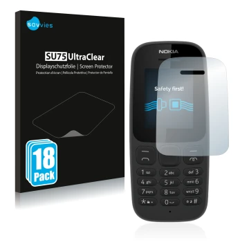 Face avant d’un emballage produit avec le logo de la marque Savvies. À côté, l’appareil Nokia 105 2017 est représenté avec la 