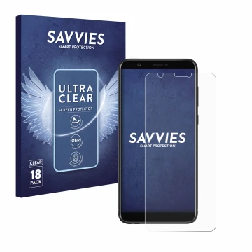 Face avant d’un emballage produit avec le logo de la marque Savvies. À côté, l’appareil Huawei P smart 2018 est représenté ave