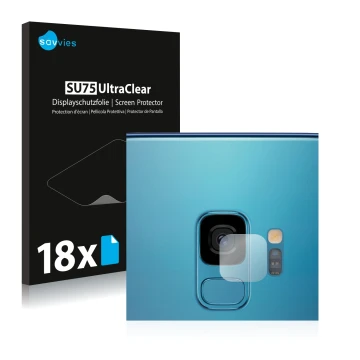 Face avant d’un emballage produit avec le logo de la marque Savvies. À côté, l’appareil Samsung Galaxy S9 (Caméra UNIQUEMENT) 