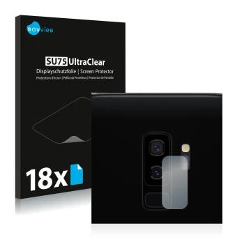 Face avant d’un emballage produit avec le logo de la marque Savvies. À côté, l’appareil Samsung Galaxy S9 Plus (Caméra UNIQUEM