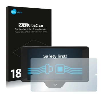 Face avant d’un emballage produit avec le logo de la marque Savvies. À côté, l’appareil Coyote Nav+ 2017 est représenté avec l