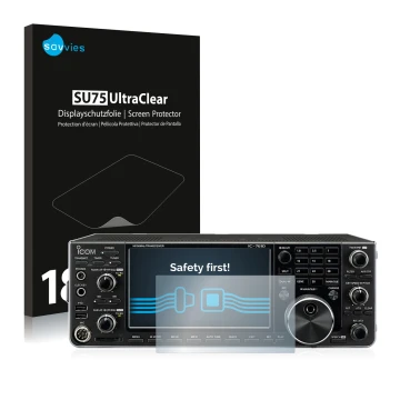 Face avant d’un emballage produit avec le logo de la marque Savvies. À côté, l’appareil Icom IC-7610 est représenté avec la pr