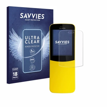 Face avant d’un emballage produit avec le logo de la marque Savvies. À côté, l’appareil Nokia 8110 est représenté avec la prot