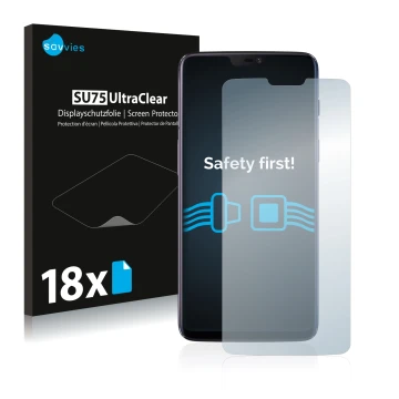 Face avant d’un emballage produit avec le logo de la marque Savvies. À côté, l’appareil OnePlus 6 est représenté avec la prote