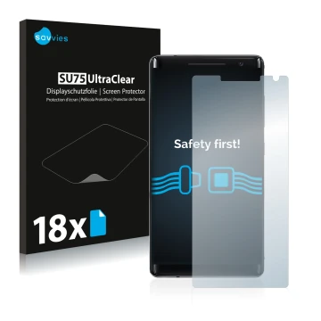 Face avant d’un emballage produit avec le logo de la marque Savvies. À côté, l’appareil Nokia 8 Sirocco est représenté avec la