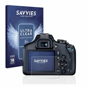 Face avant d’un emballage produit avec le logo de la marque Savvies. À côté, l’appareil Canon EOS 2000D est représenté avec la