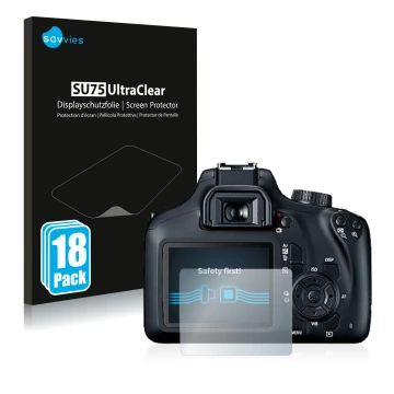 Face avant d’un emballage produit avec le logo de la marque Savvies. À côté, l’appareil Canon EOS 4000D est représenté avec la