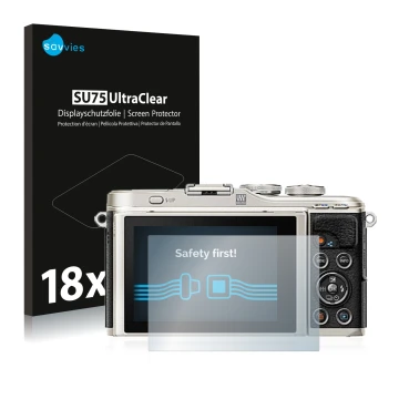 Face avant d’un emballage produit avec le logo de la marque Savvies. À côté, l’appareil Olympus PEN E-PL9 est représenté avec 