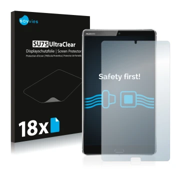 Face avant d’un emballage produit avec le logo de la marque Savvies. À côté, l’appareil Huawei MediaPad M5 8.4 est représenté 