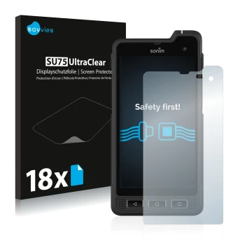 Face avant d’un emballage produit avec le logo de la marque Savvies. À côté, l’appareil Sonim XP8 est représenté avec la prote