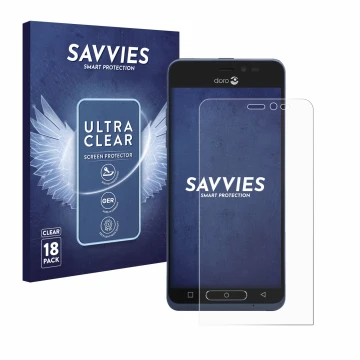 Face avant d’un emballage produit avec le logo de la marque Savvies. À côté, l’appareil Doro 8035 est représenté avec la prote