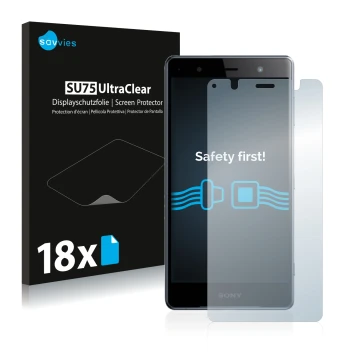 Face avant d’un emballage produit avec le logo de la marque Savvies. À côté, l’appareil Sony Xperia XZ2 Premium est représenté