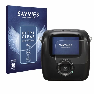 Face avant d’un emballage produit avec le logo de la marque Savvies. À côté, l’appareil Fujifilm Instax Square SQ10 est représ