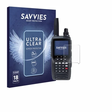 Face avant d’un emballage produit avec le logo de la marque Savvies. À côté, l’appareil Yaesu FTA-450 est représenté avec la p