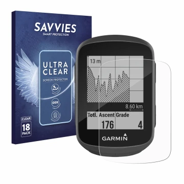Face avant d’un emballage produit avec le logo de la marque Savvies. À côté, l’appareil Garmin Edge 130 est représenté avec la